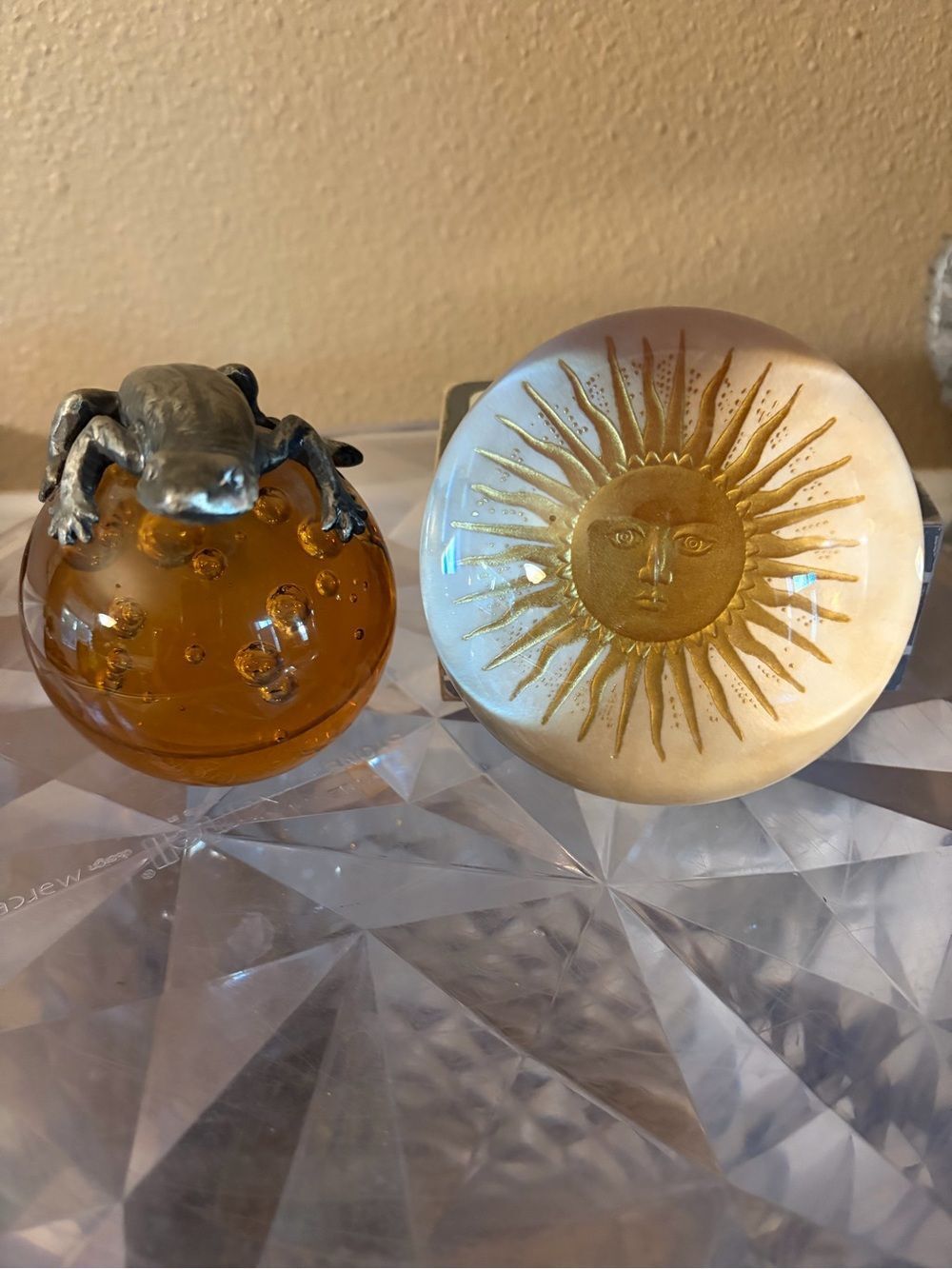 Vintage Paper Weights Goebel Celestial Sun and Amber Glass Salamander